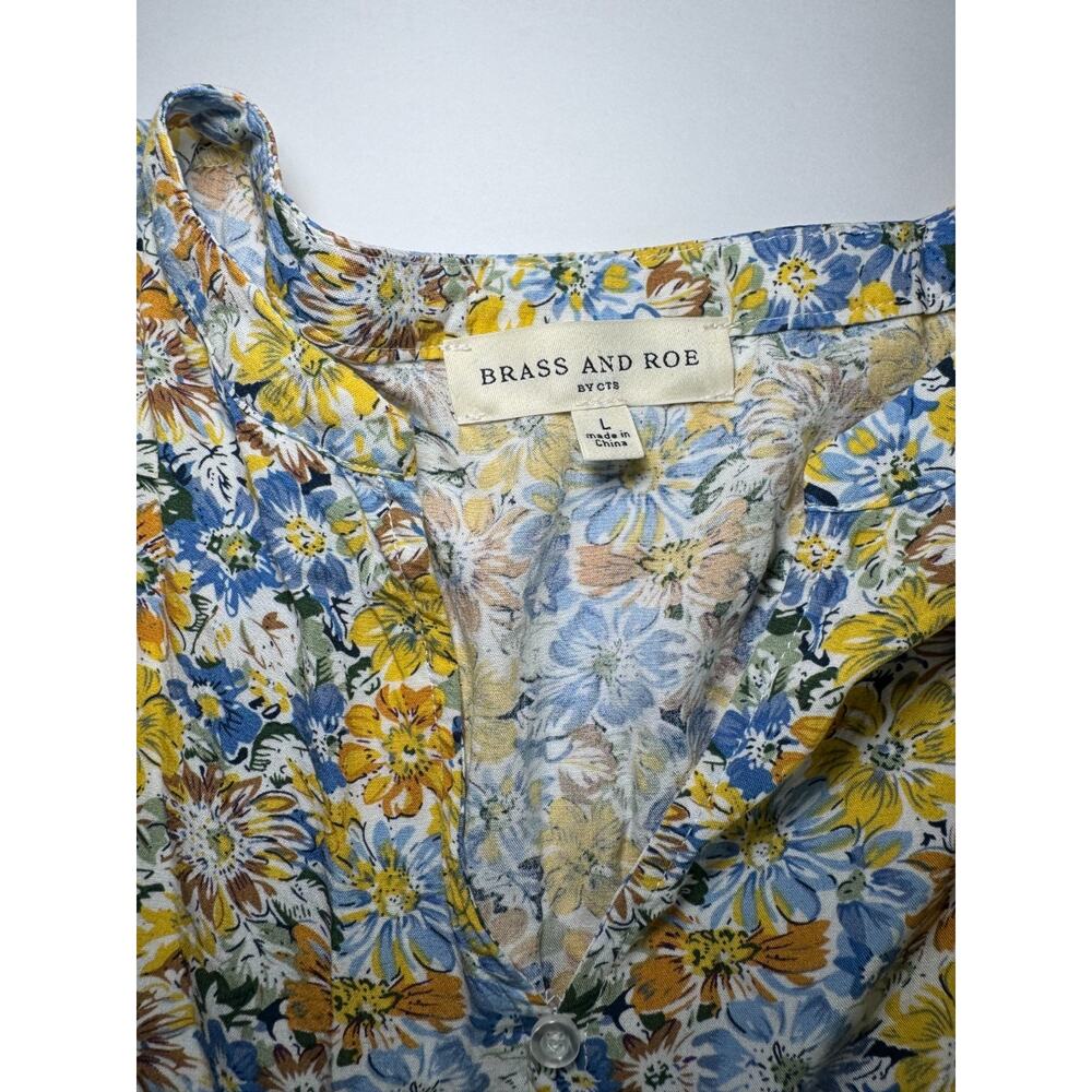 Brass and Roe Floral Mini Dress Women Large Boho Cottagecore Tiered Yellow/Blue - Picture 4 of 13
